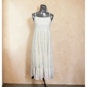 Cotton Eyelet Tiered Maxi Dress Cream Boho Cottage Festival Spaghetti Strap S/M